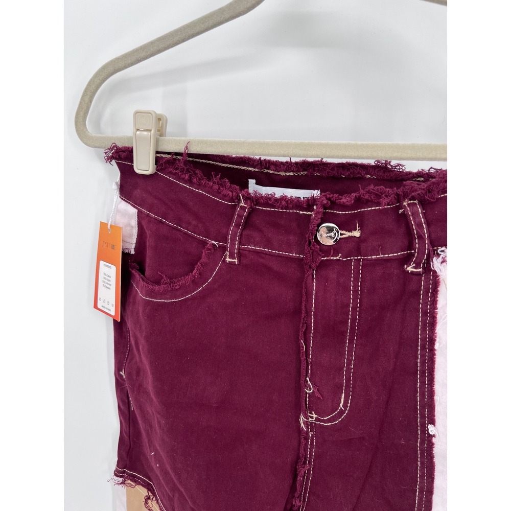 Patchwork Colorblock Jeans Burgundy Tan White Frayed Hem Size M NWT - Picture 3 of 9